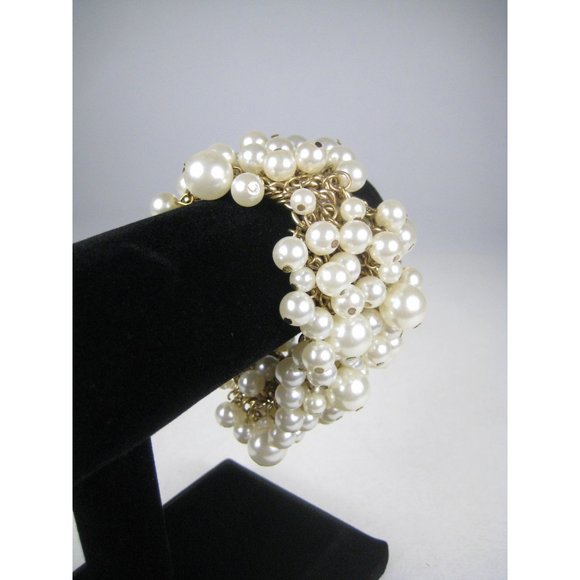 Imitation Pearl Multi Strand Bracelet Goldtone Chain Charm Statement Adjustable - Picture 6 of 6